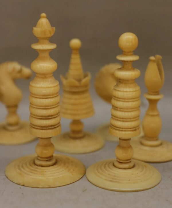 Antique Barlecorn Carved Bone Chess Set - Early to Mid Victorian - Vintiques.co.uk